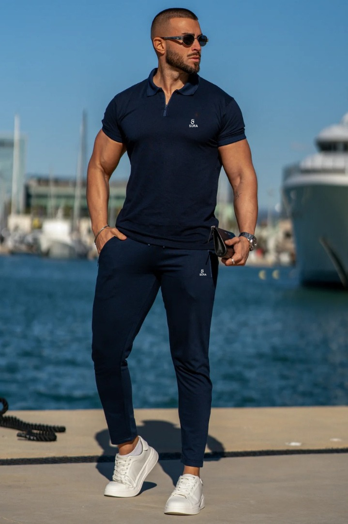 Premium Zip Cotton Polo Twinset - Navy