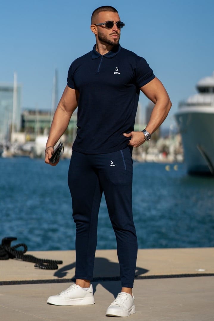 Premium Zip Cotton Polo Twinset - Navy