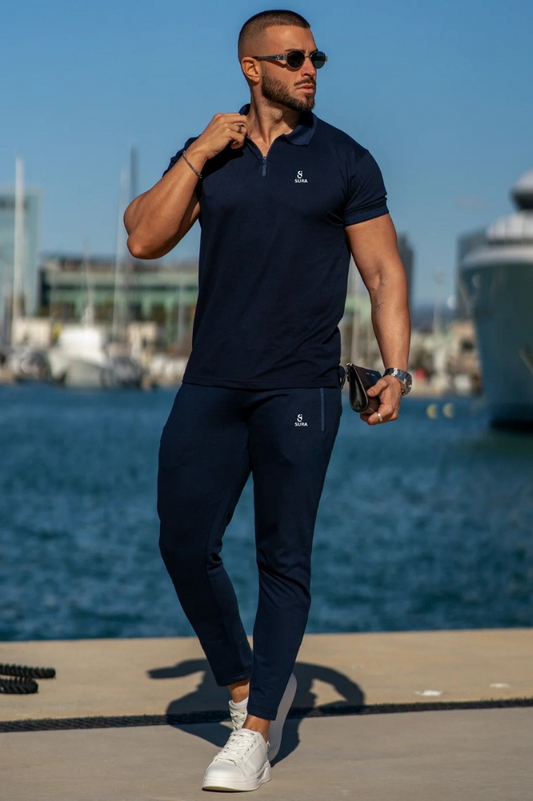 Premium Zip Cotton Polo Twinset - Navy