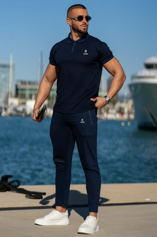 Premium Zip Cotton Polo Twinset - Navy