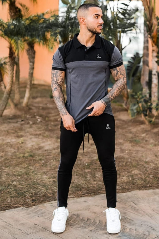 Streetwear Cotton Polo Twinset - Black/Grey